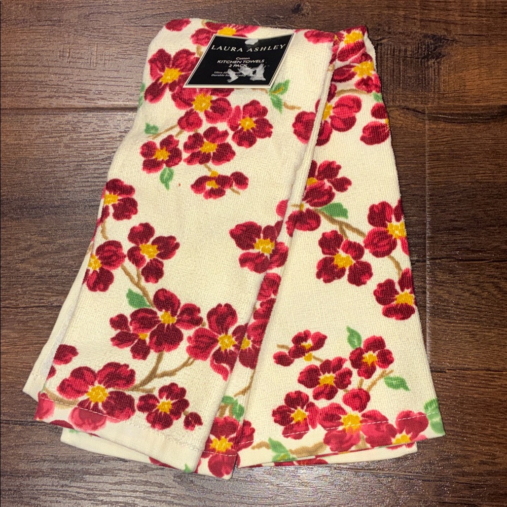 NEW 2 Laura Ashley Red POPPY Floral Kitchen Towels Cotton 16” x 26”